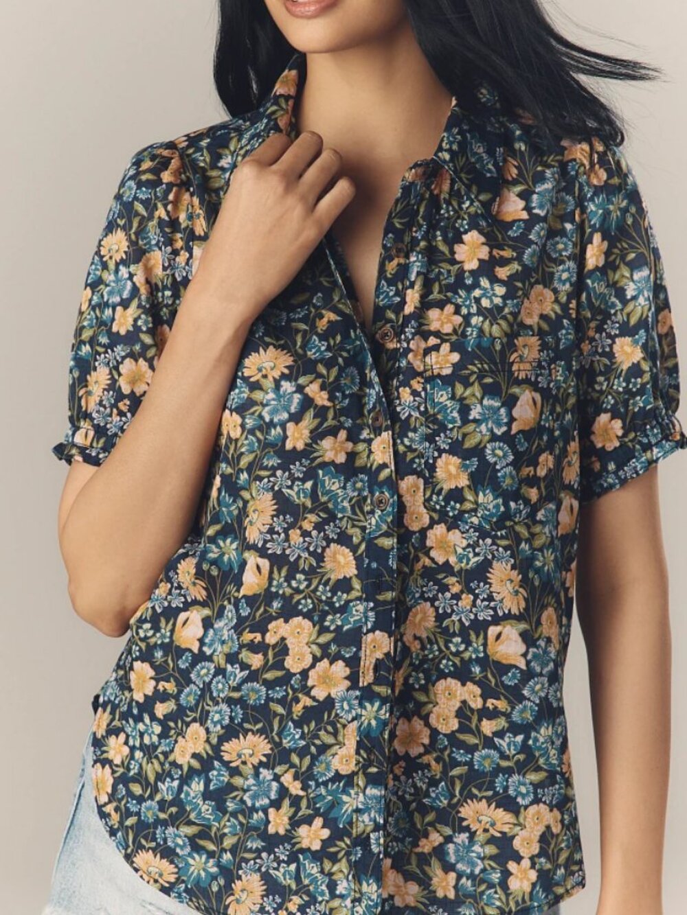 Anthropologie Pilcro The Aly Puff-Sleeve Blouse 100% Cotton Navy Floral M